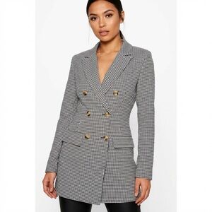 boohoo Houndstooth Longline Double‑Breasted Blazer Jacket Black White Women’s 4